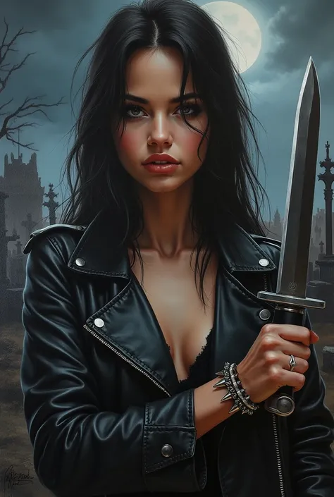 ((oil paiting), a crazy beautiful 20 years old girl, wearing a black leather jacket and a black spiked bracelet, holding a knife. death metal album cover, 1980s heavy metal album art, hellish, horrorcore, darkness, night, dark, night, dark cemetary.