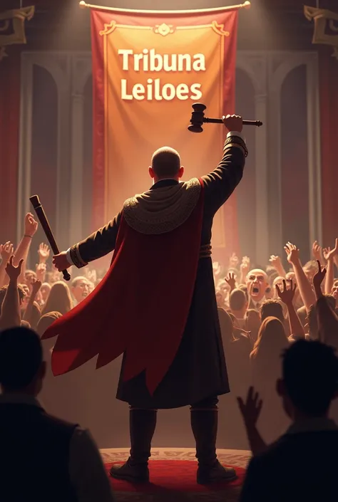 An auctioneer with his back turned holding a gavel high and a crowd in the background with their hands raised and a banner reading Tribuna Leiloes