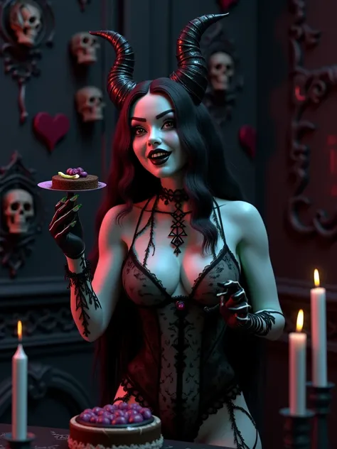 A 3D render of a gothic party setting with a neon-red-long-haired demoness celebrating Ideograms 1-year birthday. The demoness, with vibrant green skin, is wearing a dark lace attire and is tearing into a decadent chocolate cake. The background is filled w...