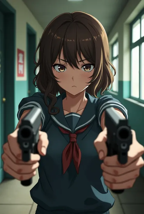 Teenage girl in a school, brown wavy hair, scar on eye, serious expression, wearing school uniform, tie, slightly torn clothes, bored expression, holding two pistols, aiming forward, front view, dramatic lighting, detailed, UHD, (style of death note)