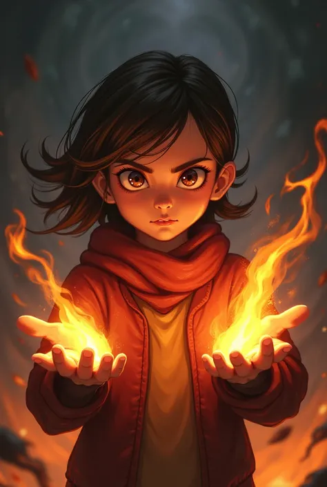 Create an image of a short, brown-haired, stocky 1 girl controlling fire with her fingertips