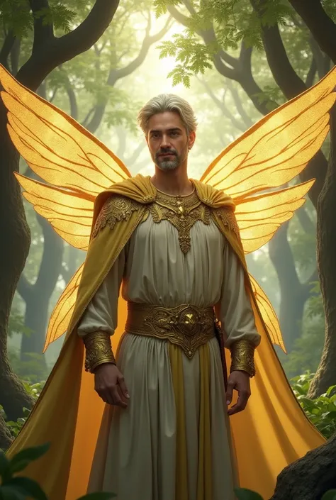 A King of the Fairies, a 30 year old man. He has white-blonde hair and a short, well-groomed beard in the same color. His wings shine in a soft gold. He smiles. 