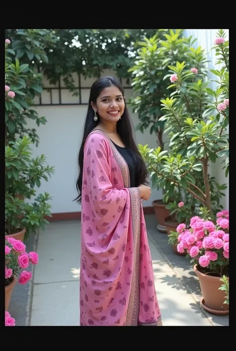 20 years old indian girl , sexy and hot girl , wearing Black dress  , white wall background with pink flowers 