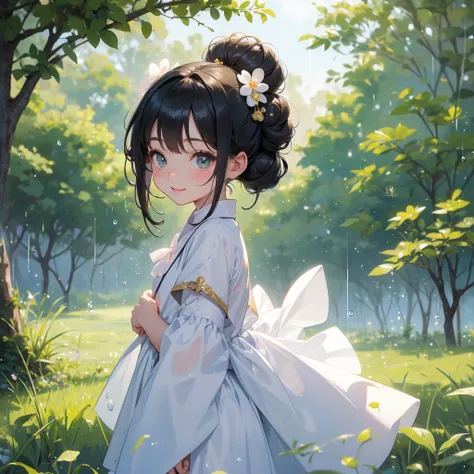 A chibi child girl had a small face and wearing a white little tourist priest’s outfit, a pair of big round eyes shone with curiosity about him. This child was so cute, her hair is black with buns on her hair. Small chibi , chibi baby, smiling , chibi. 

B...