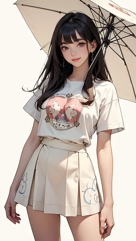 One Girl(High resolution, masterpiece, accurate, Anatomically correct), ((Slightly red cheeks、Mouth slightly open、smile、Large Breasts、Small waist))(((Standing posture、slouch)))、((Rain Street Corner、Holding a big white umbrella)),(Light Hair、Brown eyes、Stra...