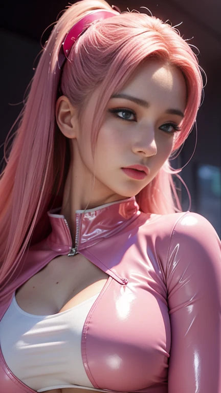 attractive woman in pink latex  nurse uniform, beautiful breasts, large breasts , dynamic posing for a picture, cyberpunk art, close up bust shot, anime barbie doll, hyper realistic ,medium long shot