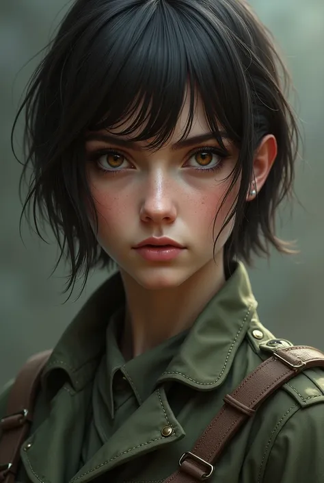 A woman, thirty two years old, with soulless brown eyes  and short hair brown, with military uniform, small nose and perfect lip. she have a soldier and war background, run makeup, perfect brown eyes