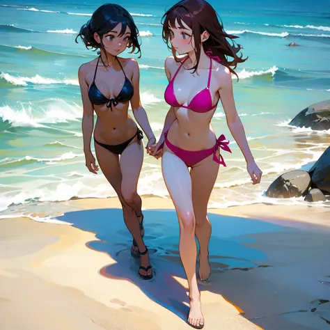 A woman in a bikini on the beach bathing with her friend who also has a bikini and the two of them are walking towards the water to bathe 



