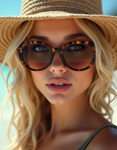 (((best qualityer))), highly detailed, high resolution. 2 female, blondie hair, clear green eyes, fleshy lips, heavy make-up, with knitted beachwear,Tortoiseshell sunglasses oval frame 