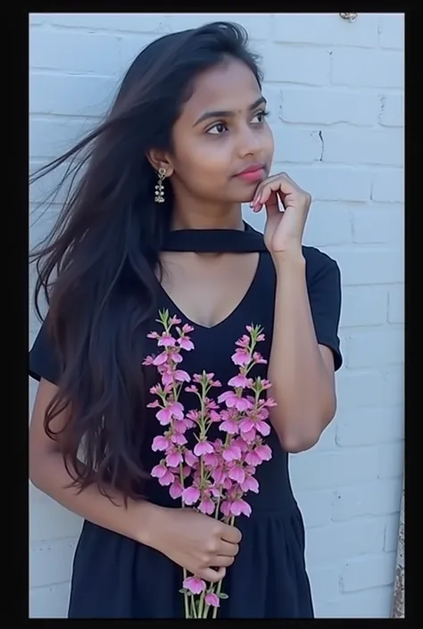 20 years old indian girl , sexy and hot girl , wearing Black dress  , white wall background with pink flowers 