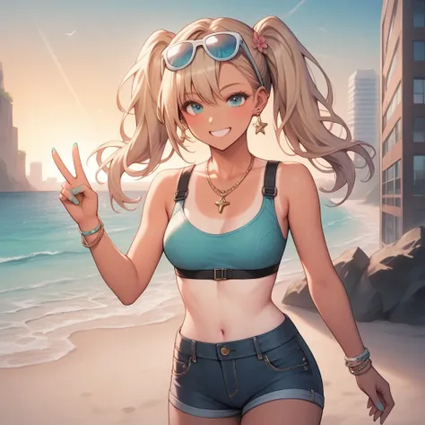 ((Masterpiece, best quality)), highres, highres, Female Body, Female Features, curvy_figure, standing, tan, (brown_skin), (tanlines:1.3), 1girl, solo, standing, looking_at_viewer, smile, peace_sign, (aqua-blue_hair, flower_hair, aqua-blue_eyes, eyewear_on_...