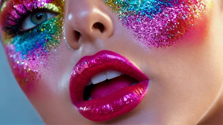 UHD ultra precise 8K digital copy of a a close up of a woman with a colorful make up and lipstick, colourful close up shot, glitter makeup, glossy lips, closeup of face melting, glitter, shiny colorful, details and vivid colors, colorful rave makeup, color...