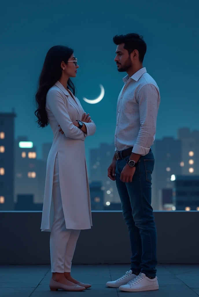 A woman and a men are talking on the rooftop at night, the women is wearing a white Indian traditional suit and glasses, the men is wearing a white printed shirt, jeans and white shoes. And smart watch.