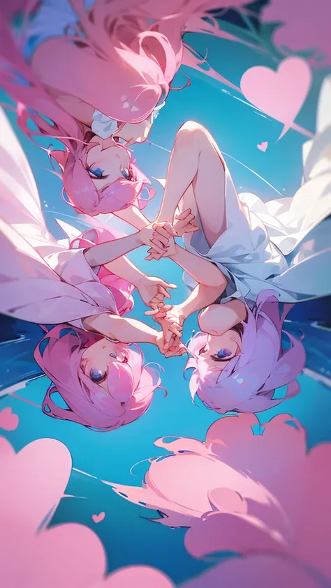 Two pink haired girls in white dresses making a heart with their hands , near a blue lake.
