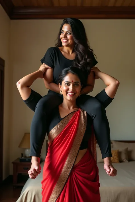 Beautiful and Slim Indian woman Aishwarya Rai in black blouse red saree , lifting a large chubby man above her shoulders, man is sitting on womans shoulders, natural smile, in a bedroom with high ceiling , full body view