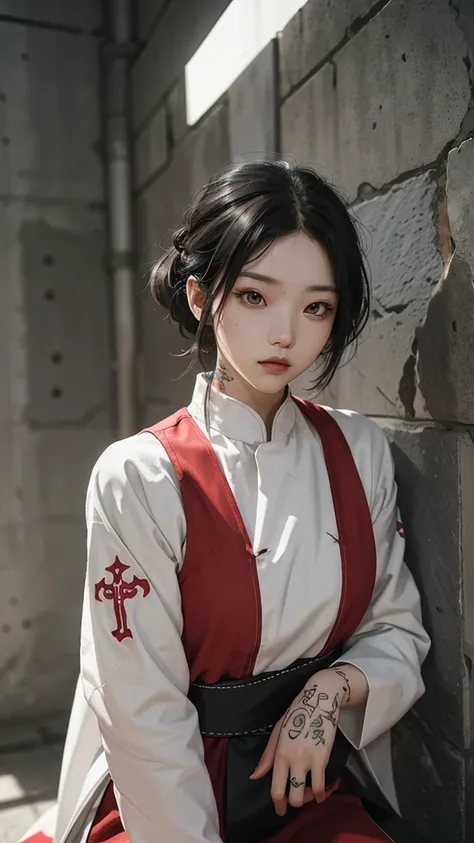 an adult Korean priest with short, messy white hair with black highlights, gray eyes, piercing look, strong body tattoos, dark cement wall background, with red lettering a drawing of a ,wearing a red and black knee-length tunic and wide clerical, It&#39;s ...