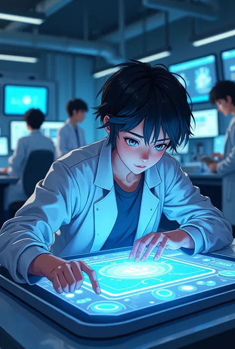 A teenager creating a projection project with several scientists in the background and a bed (anime)