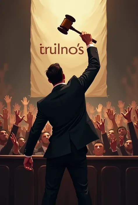 An auctioneer in a suit and tie, standing backwards, with a judge&#39;s gavel held high, with a crowd with their hands raised, and a banner saying Tribuna Leiloes. 