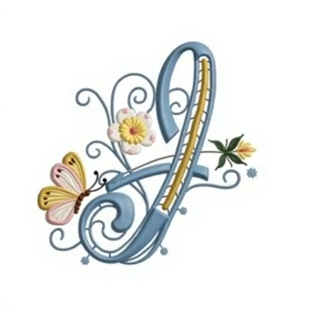 an image with a handwritten letter "L", intricate, with many twists, on a white background, that looks good and is subtly adorned with drawings of colorful flowers and butterflies around, the color palette to use is pale pink, lilac, soft yellow, pastel co...