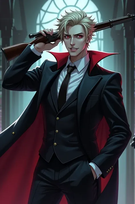 vampires, using suit, fully body, anime drawing style, with a musket in hand 