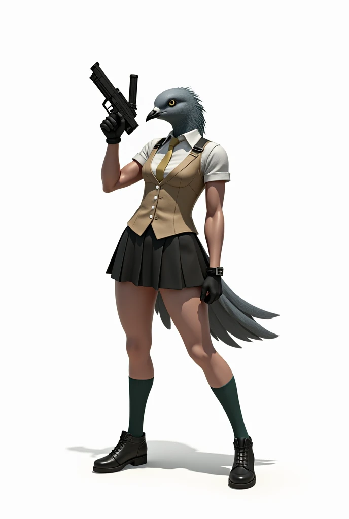 A gray female pigeon wearing an off-white collared short-sleeved shirt, a light brown vest, a knee-length black skirt, dark green socks and black shoes.、Gray female pigeon with a gun and muscular bodybuilder look、Background is white