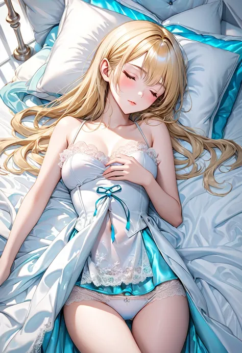 sleeping elf beauty, blonde silky straight hair with blunt bang, (attractive and seductive) and (amorous and lewd) expression, pink cheeks, glamorous proportions, wearing white lace corset, white panties, white clean towel blanket, pillow, and a bed with s...