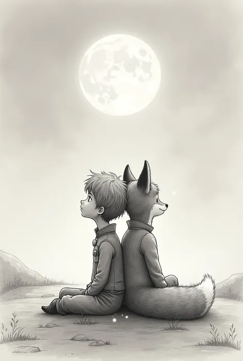 Create an image where the little prince and the fox are sitting with their backs to each other looking at the moon in pencil