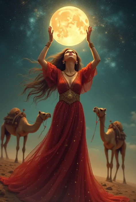 Infynit woman with her hands up holding the moon red dress full of stars and with an ancient belt and a camel behind 