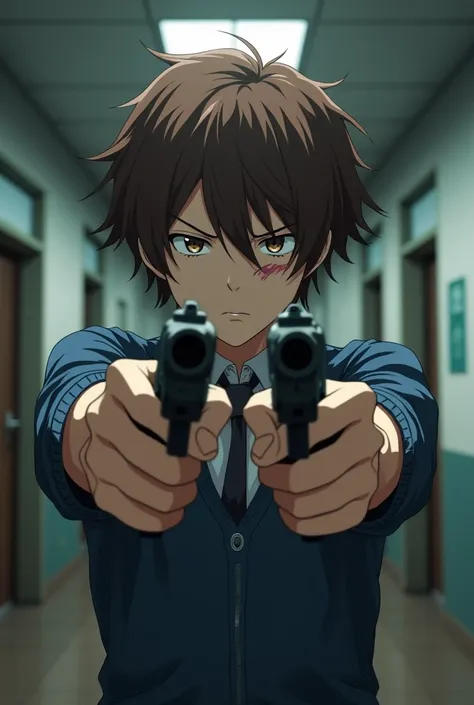 anime style Teenage boy in a school, brown wavy hair, scar on eye, serious expression, wearing school uniform, tie, slightly torn clothes, bored expression, holding two pistols, aiming forward, front view, dramatic lighting, detailed, UHD, (style of death ...