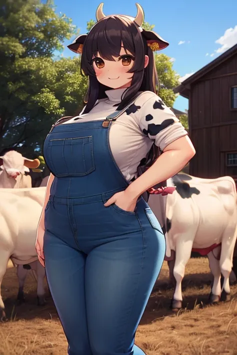 plump, big breasts, black hair, brown eyes, chubby, smile, (cow girl kemonomimi: 1.5), blue jeans overalls, longer hair, anime, ...