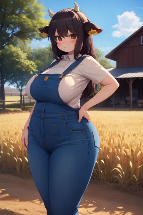 plump, big breasts, black hair, brown eyes, chubby, smile, (cow girl kemonomimi: 1.5), blue jeans overalls, longer hair, anime, ...