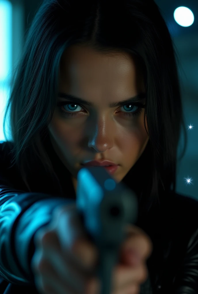 A close-up of a woman&#39;s very blue eyes, angry look, linda, black hair, black leather clothing, and a gun in his hand, dark night background, brillitos