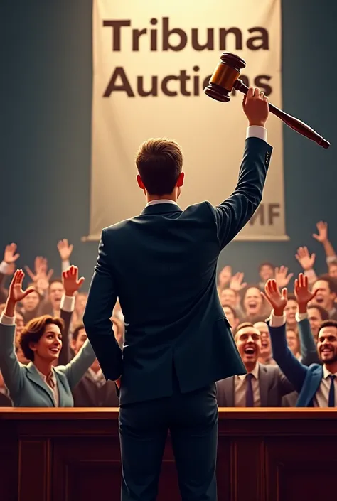 An auctioneer in a suit and tie, standing backwards, with a judge&#39;s gavel held high, with a crowd with their hands raised, and a banner written "Tribuna Auctions" 