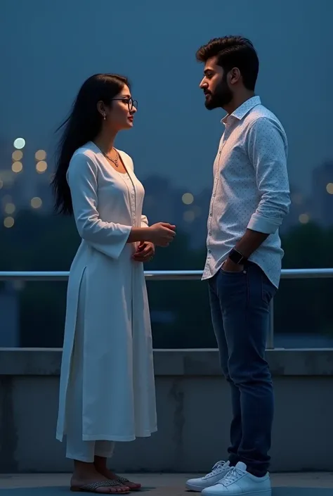 A woman and a men are talking on the rooftop at night, the women is wearing a white Indian traditional suit and glasses, the men is wearing a white printed shirt, jeans and white shoes. And smart watch.