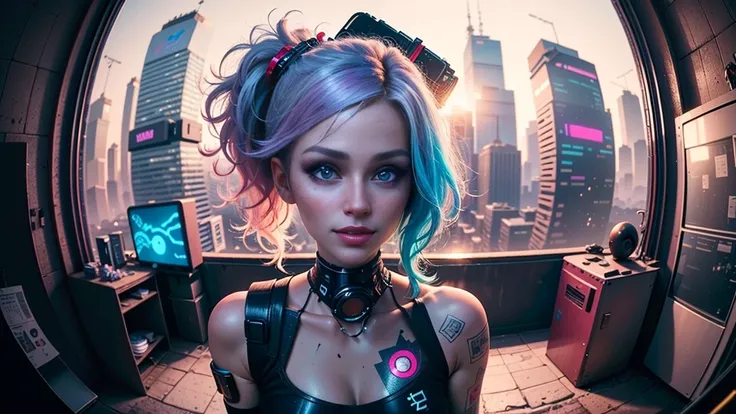 ((2 cyberpunk girls in a colorful Harajuku pop outfit)), ((((fisheye lens)))), Cowboy shot, the wind, Real Pile, big blue eyes, 8K, a perfect face, the perfect body, messy  hair, Highly detailed eyes, Highly detailed face, ((Cyberpunk 2077 cityscape)), (Cy...