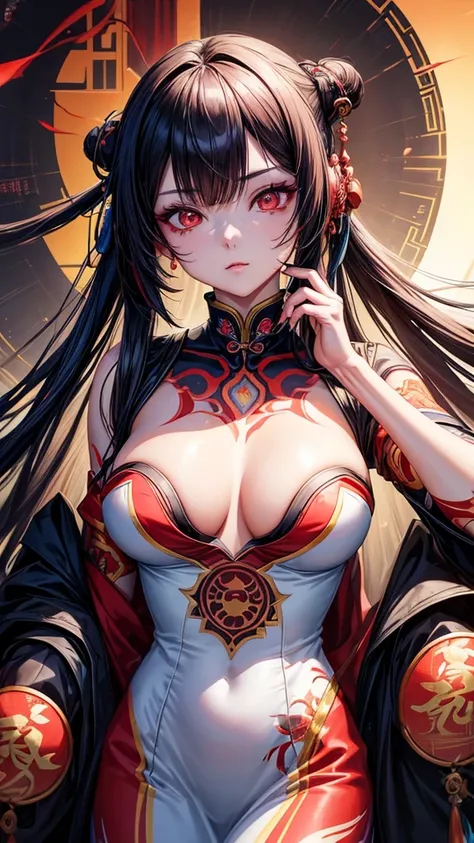 Close-up of a woman with a face, painted with Chinese characters, stunning anime face portrait, Alice X. Zhang, Anime Illustrations, Ian J., detailed Anime Illustrations, anime abstract art, with red eyes, japanese art style, detailed painting 4k, anime cy...