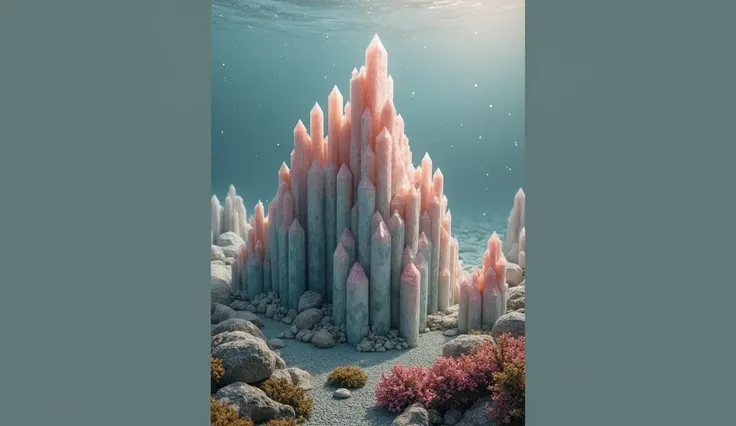 A photo of an underwater mountain range made of blue and pink crystals，In the lower right corner is a small coral reef with plants and rocks，Blue Background，Surreal，Movie Grade，Epic，Stereo lighting，Octane Rendering