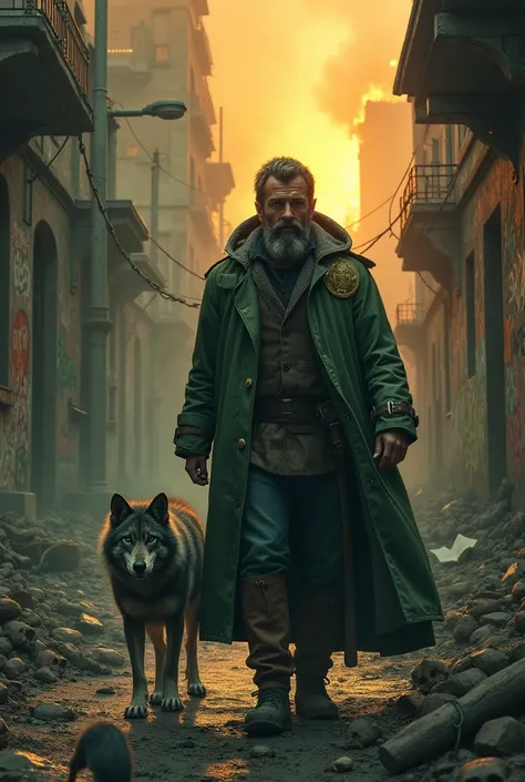 
 
Bearded mountain man,  green leather raincoat cloak, with green kind eyes, expressing the sentiment of being a stranger in his own town, accompanied by a loyal gray wolf, exploring the war-torn ruins of an old city, evoking sadness and the end of civili...