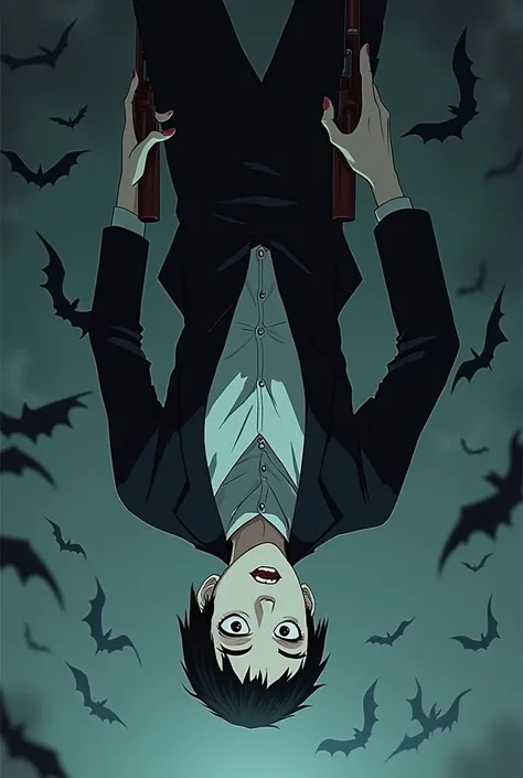 vampyre, using suit, fully body, anime drawing style, shooting with a musket, Upside down, with bats around, well-drawn and serious face, anime vampire face