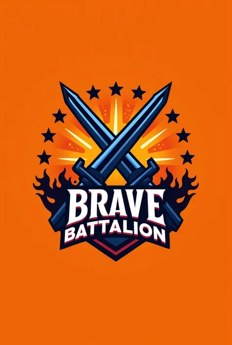 create another creatives logo image with the capitol letter word of BRAVE BATTALION, color theme bright orange, design two cross warrior swords clattered, must write the motto "Brave Together, Stronger Forever", insert a 12 embedded stars in the logo to re...