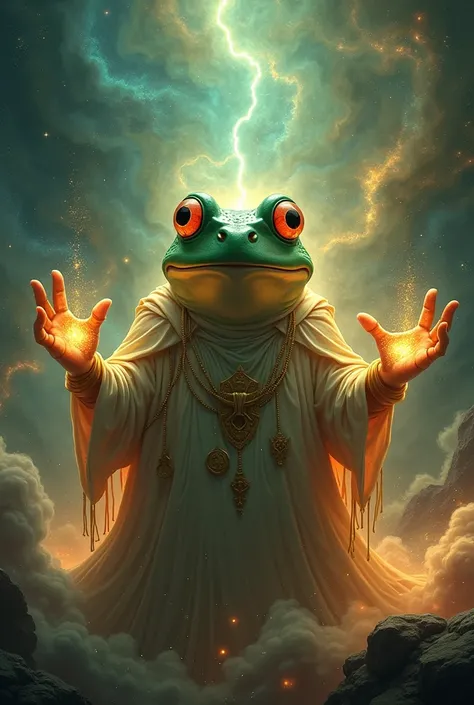 Create pepe the meme frog into a mystique character , or powerful character , like his controling the universe or know s magic something dope , in his background you can add space or anything that goes hard with him