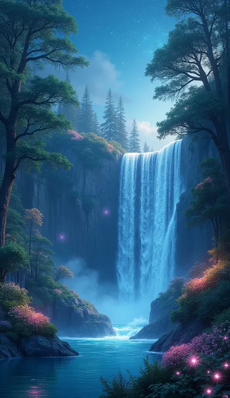 Imagine a mystical forest where crystal clear waterfalls gently cascade down silvery cliffs, illuminating the surroundings with a soft, magical glow. The trees, bright green, are adorned with luminescent flowers that sparkle under a deep blue sky, dotted w...