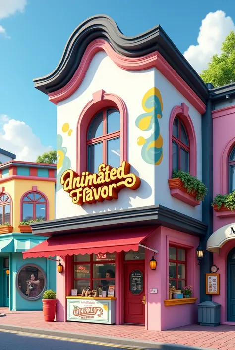 facade of a cartoon-inspired snack bar in the colors white, black, pink, yellow, blue with the name animated flavor