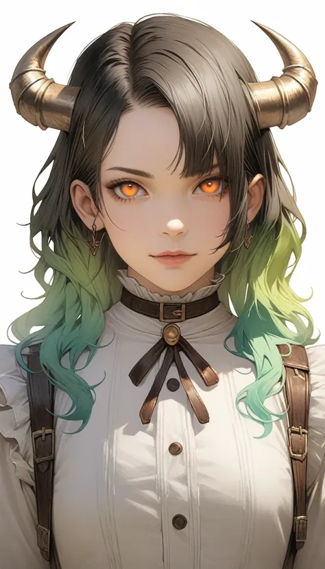 ((Live 2D))  masterpiece, One person, whole body, Stand up straight, Steampunk clothing, uniform, View your viewers, Detailed face, girl with green Wavy Hair, bangs, Metal ram horn, Gradient Hair, Multicolored Hair, Bright green hair, Turquoise hair tips, ...