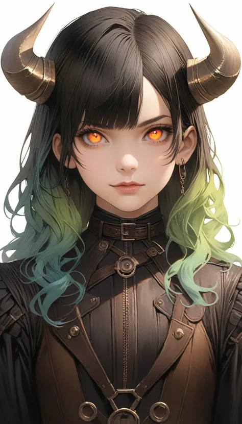 ((Live 2D))  masterpiece, One person, whole body, Stand up straight, Steampunk clothing, uniform, View your viewers, Detailed face, girl with green Wavy Hair, bangs, Metal ram horn, Gradient Hair, Multicolored Hair, Bright green hair, Turquoise hair tips, ...