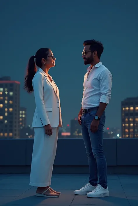 A woman and a men are talking on the rooftop at night, the women is wearing a white Indian traditional suit and glasses, the men is wearing a white printed shirt, jeans and white shoes. And smart watch.