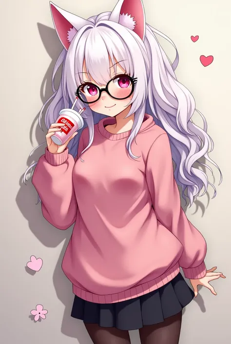 I have white pink hair, cat ears, A good, My face is super flushed, black glasses, pink heart eyes, a big pink sweatshirt, a black skirt, black stockings, White shoes, A cat&#39;cola, A woman. very shy that is stuck to a wall with her butt