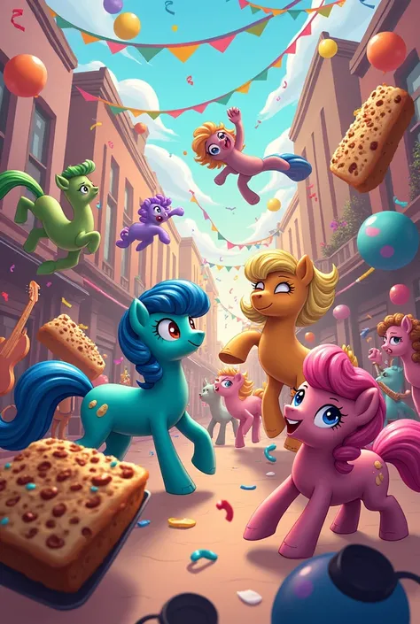 Ponies and breads fighting each other at a party with lots of joy, vibrant colors and lots of confusion.