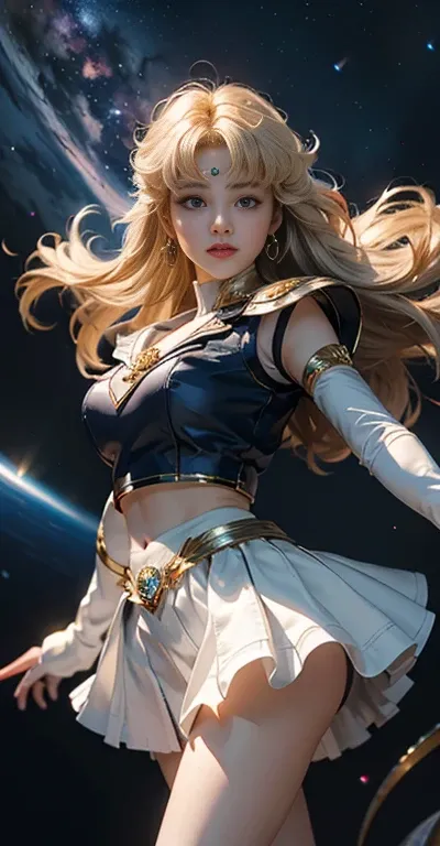 (Highly Detailed CG Unity 8K Wallpaper, masterpiece, Highest quality), (Exquisite lighting and shadows, A very dramatic picture, cinematic lens effects), (Sailor Moon: 1.1), Cute Smile, Double Tail, blue eyes, Blonde, Tight Top, White gloves, mini skirt, D...