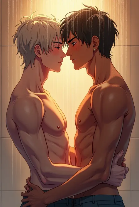 two men, One pale and one medium skinned taking a shower, anime, detail